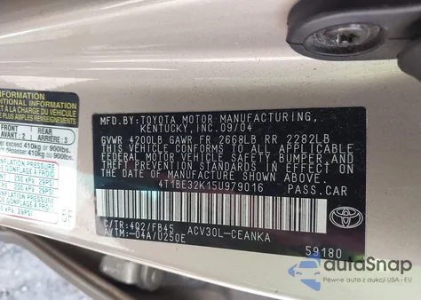 2005 Toyota Camry Le from USA, damaged, VIN 4T1BE32K15U979016